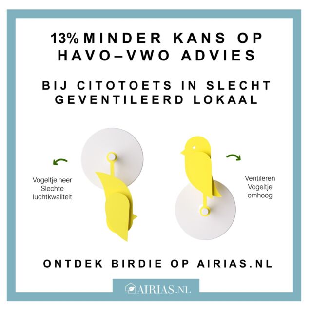 De universiteit van Maastricht onderzocht de impact van schone lucht op scholen. BIRDIE laat direct de luchtkwaliteit zien en wanneer het tijd is om te ventileren. SCHONE LUCHT = BETER PRESTEREN. Verkrijgbaar via airias.nl

#citotoets #vtwonen #gezondescholen #gezondwonen #schonelucht #birdie
